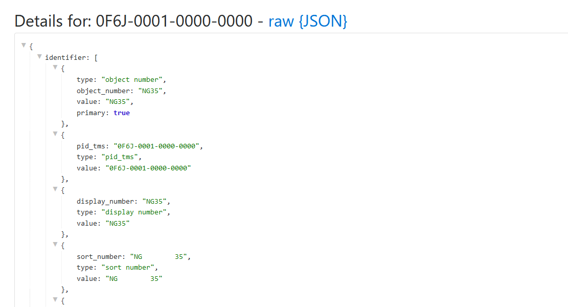 Screenshot of a JSON record for a painting from the National Gallery's service.